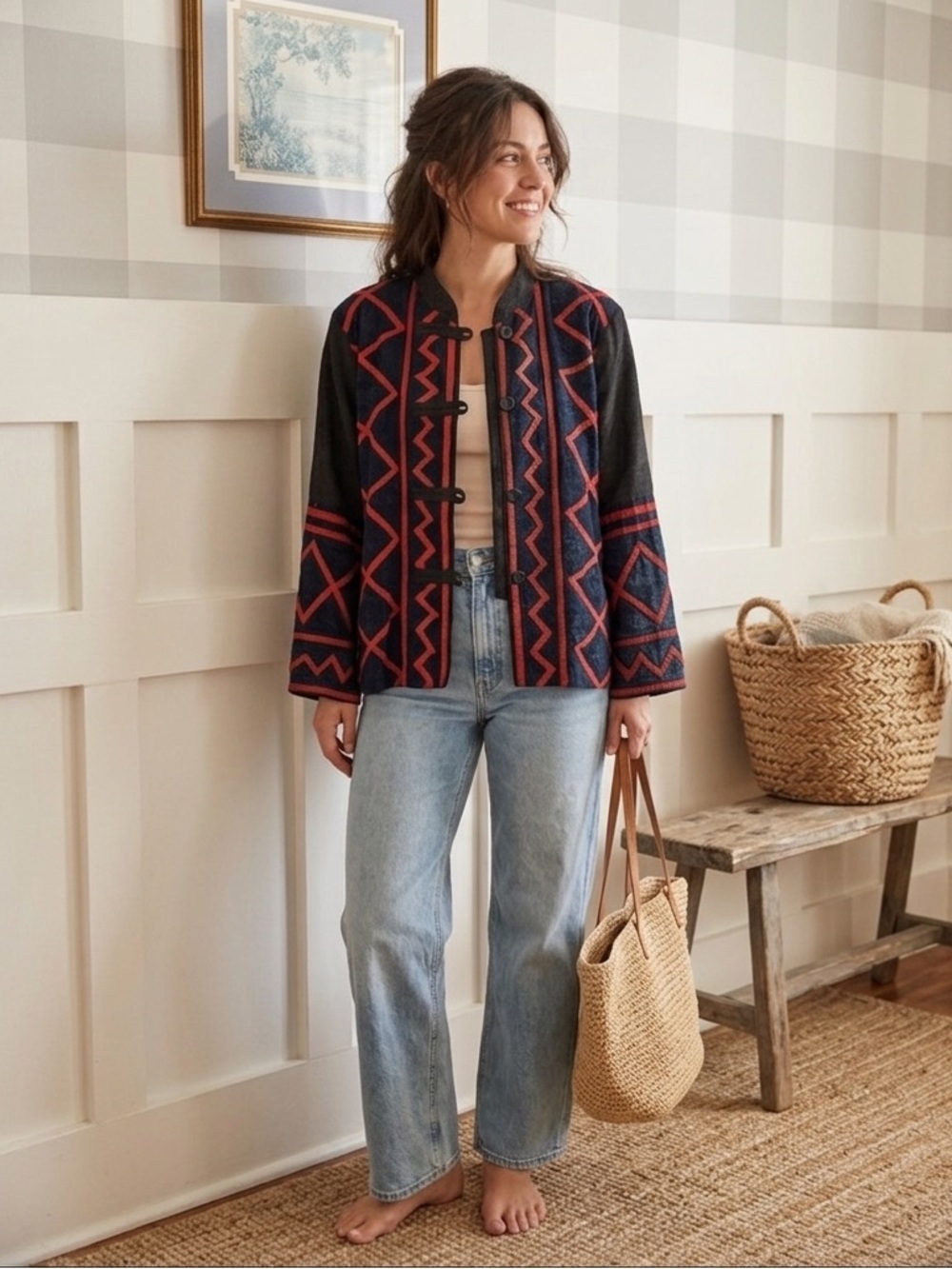 Vintage Linen Indigo Handcrafted Jacket with Bold Red Geometric Trim Large